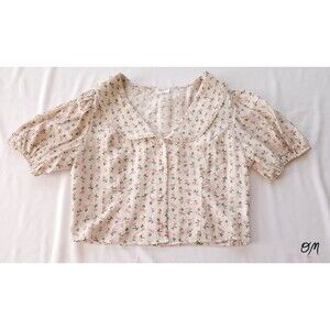 Pinstripe Pink Ditsy Flower Cottagecore Peter Pan Collar Button Crop Top - L